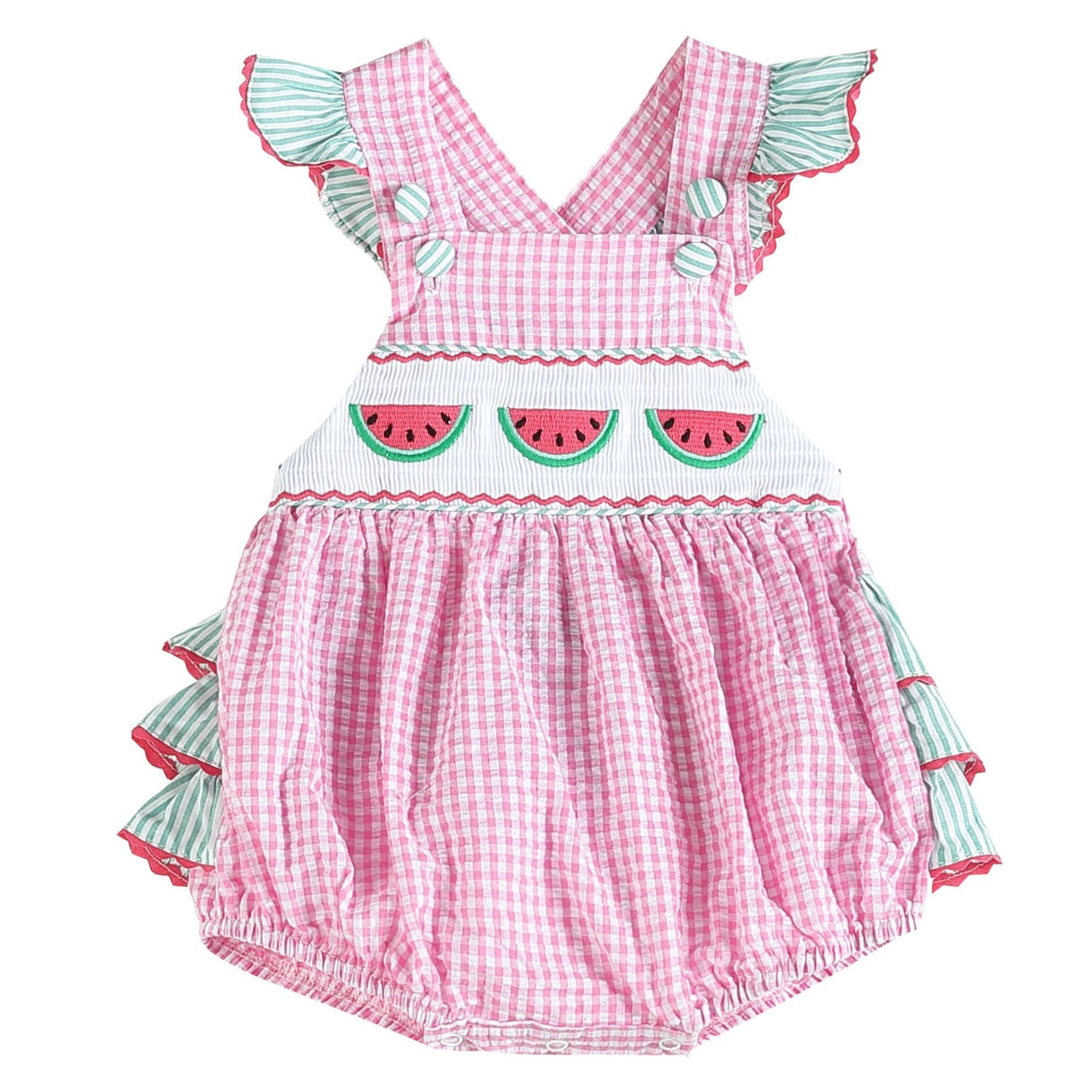 Pink and Green Watermelon Smocked Bubble Ruffle Romper