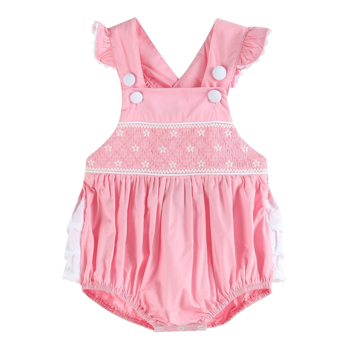 Pink and White Flower Smocked Ruffle Romper