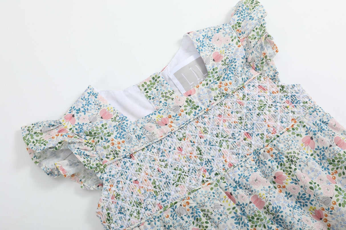 Pink Floral Print Smocked Futter Romper
