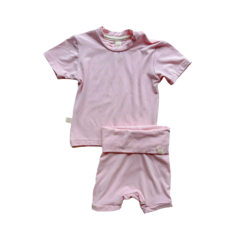 Fold Over Shorties and Short Sleeve Tee Set | Rose Pink | Luxury Bamboo