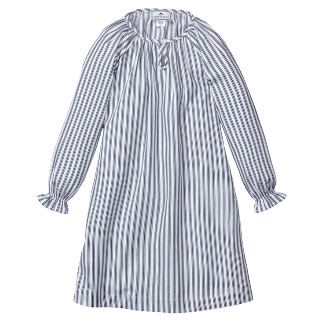 Girl's Twill Delphine Nightgown in Navy French Ticking - HoneyBug 