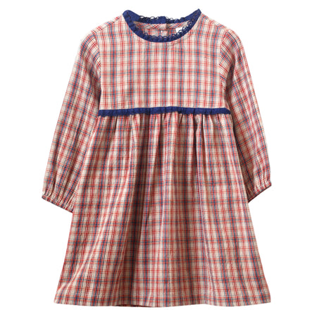 Toddler Long Sleeves Dress with Lace Trim | Red and Blue Check - HoneyBug 