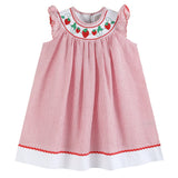 Red Seersucker Strawberry Smocked Bishop Dress