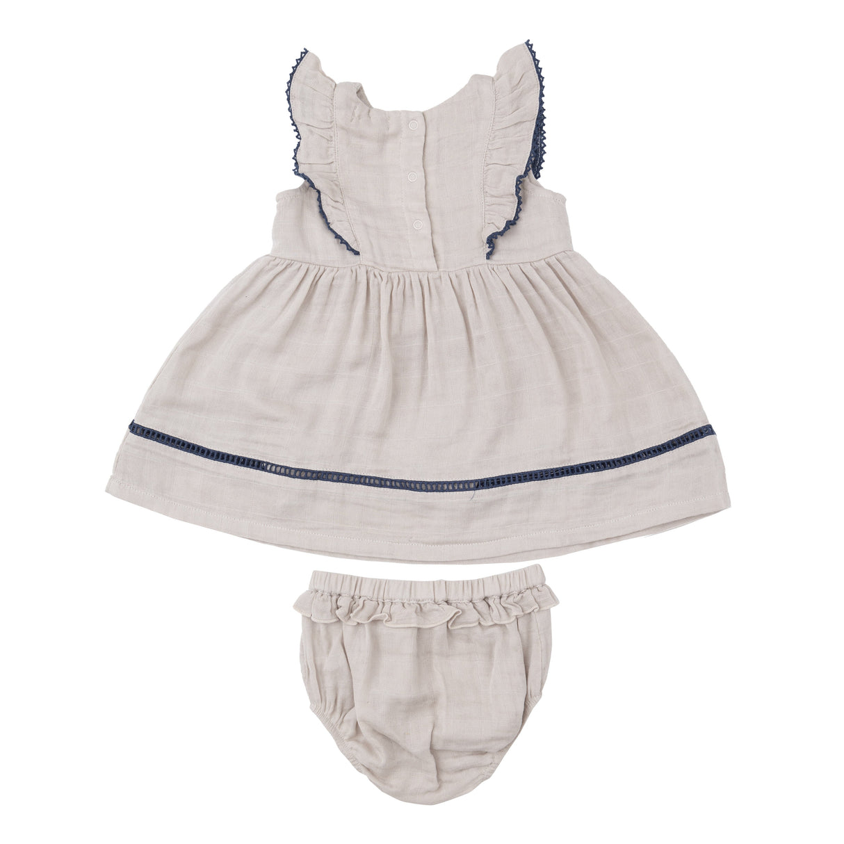 Ruffle Dress With Trim - Oatmeal Solid Muslin - HoneyBug 