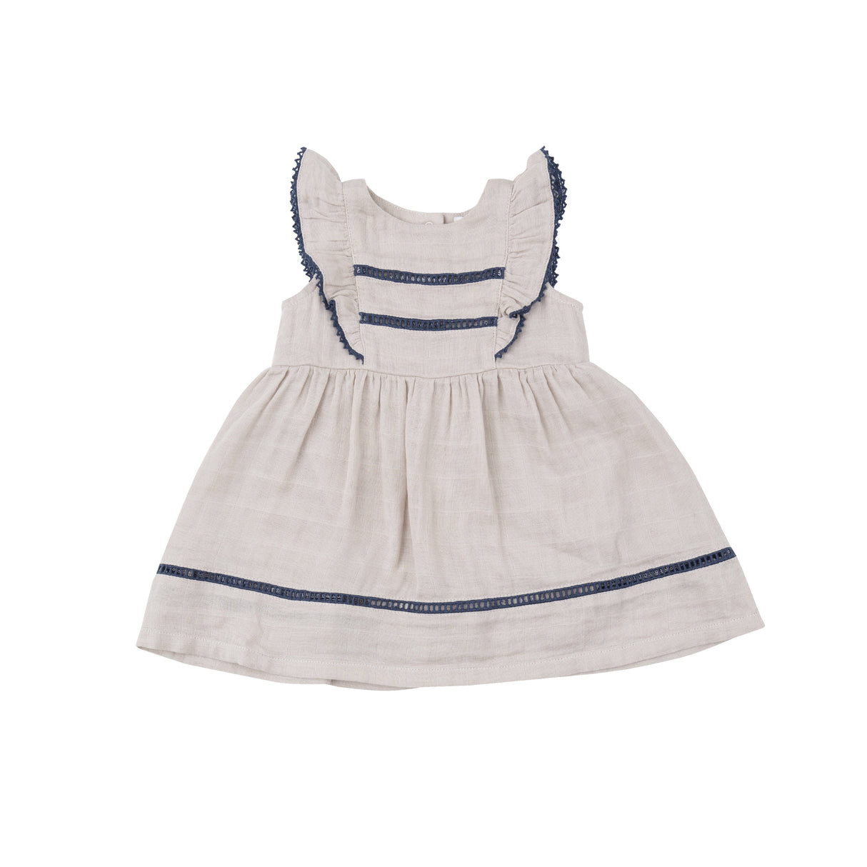 Ruffle Dress With Trim - Oatmeal Solid Muslin - HoneyBug 