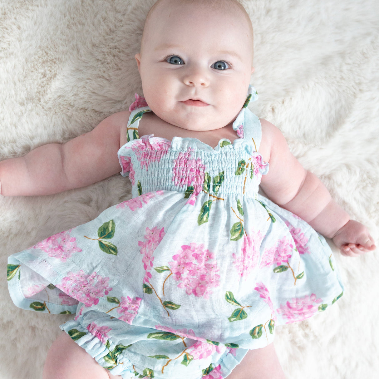 Ruffle Strap Smocked Top And Diaper Cover - Hydrangeas - HoneyBug 