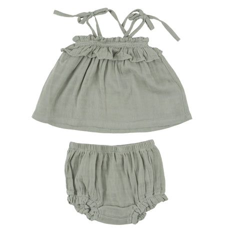 Ruffle Top & Bloomer - Desert Sage Solid Muslin - HoneyBug 