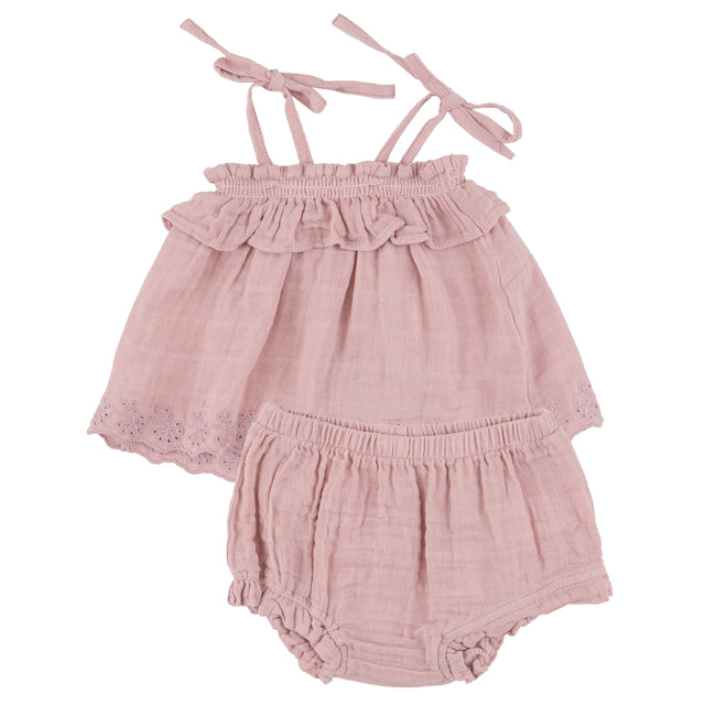 Ruffle Top & Bloomer - Dusty Pink Solid Muslin - HoneyBug 