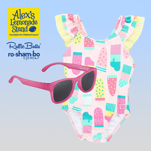 RuffleButts Baby Ice Cream One Piece with Roshambo Pink Glitter Sunglasses - HoneyBug 