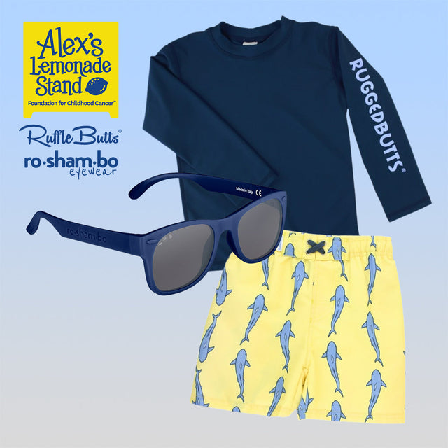 RuggedButts Baby Jawsome Swim Trunks & Rash Guard with Roshambo Navy Sunglasses - HoneyBug 