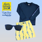 RuggedButts Baby Jawsome Swim Trunks & Rash Guard with Roshambo Navy Sunglasses - HoneyBug 