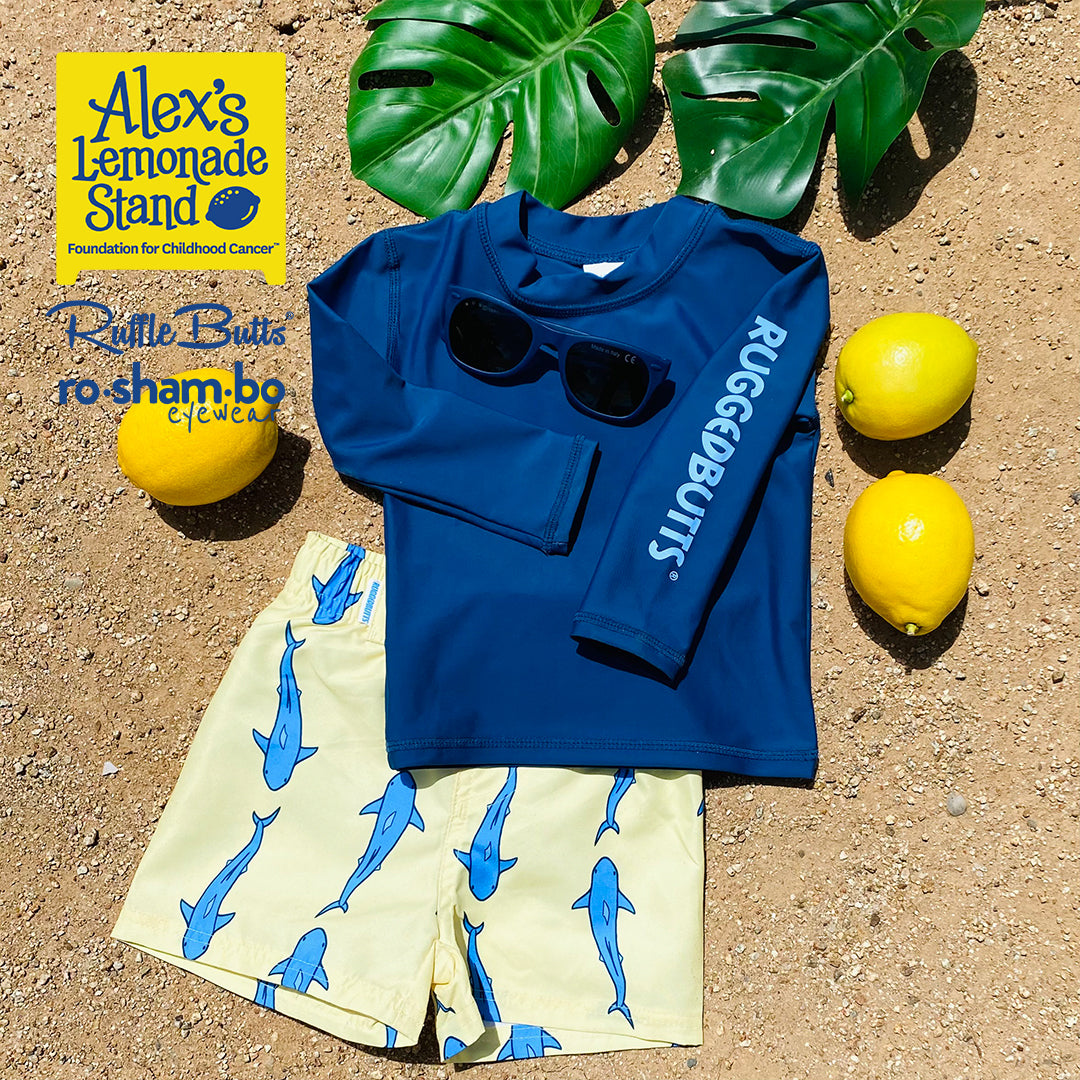 RuggedButts Boys Jawsome Swim Trunks & Rash Guard with Roshambo Navy Sunglasses - HoneyBug 