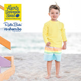 RuggedButts Toddler Rainbow Stripe Swim Trunks & Rash Guard with Roshambo Blue Sunglasses - HoneyBug 