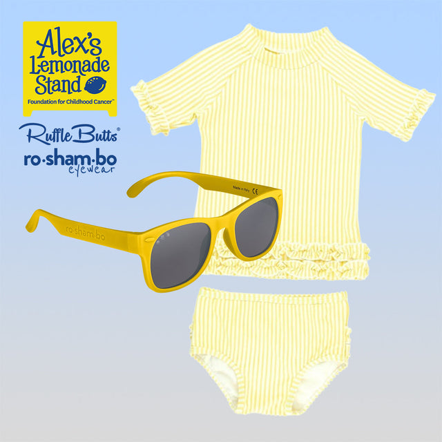 RuffleButts Baby Seersucker Rash Guard Bikini with Roshambo Yellow Sunglasses - HoneyBug 