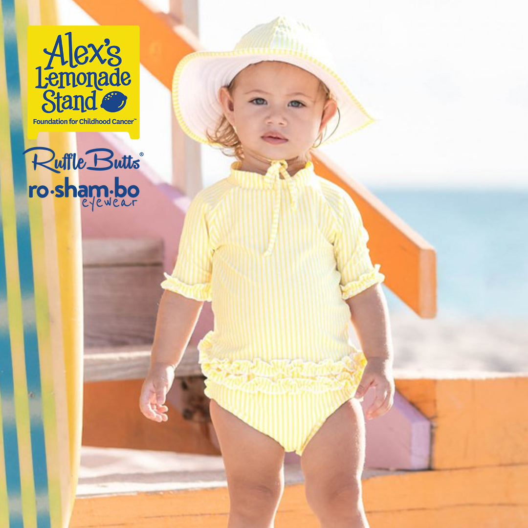 RuffleButts Baby Seersucker Rash Guard Bikini with Roshambo Yellow Sunglasses - HoneyBug 