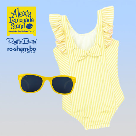 RuffleButts Toddler Seersucker One Piece with Roshambo Yellow Sunglasses - HoneyBug 