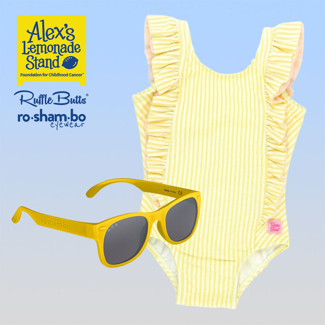 RuffleButts Toddler Seersucker One Piece with Roshambo Yellow Sunglasses - HoneyBug 