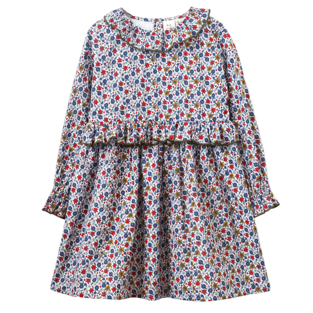 Girls' Ruffle Collar Long Sleeve Dress | Blue and Mustard Floral - HoneyBug 