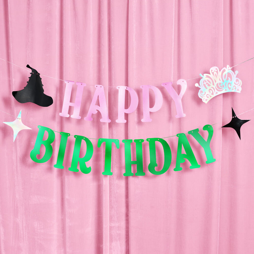Birthday Witch Banner - Pink + Green Foil Banner