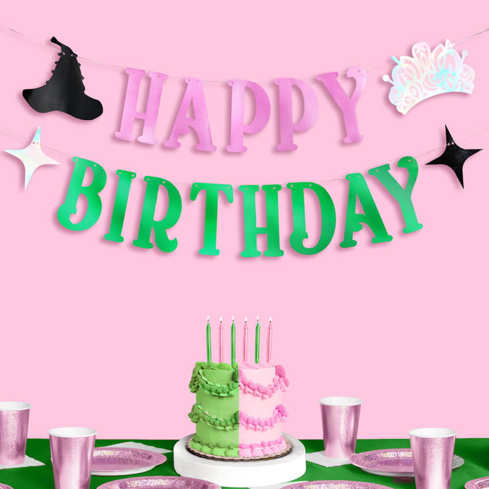 Birthday Witch Banner - Pink + Green Foil Banner