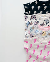 Short Sleeve Bubble Romper | Black Bolts - HoneyBug 