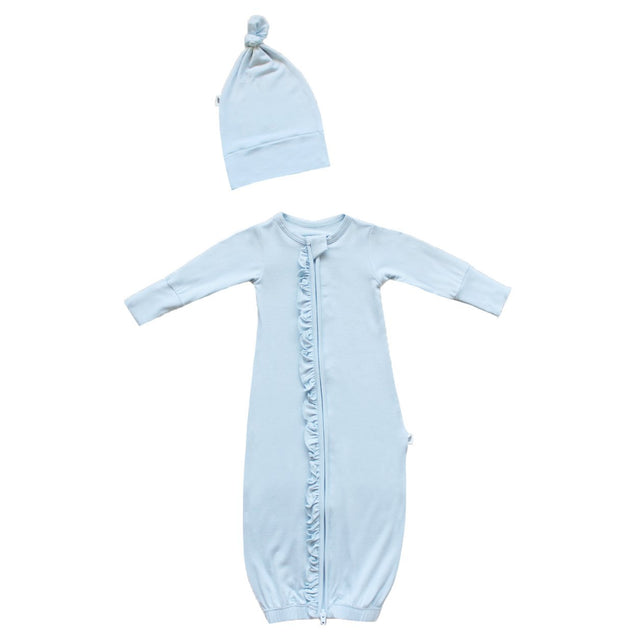 Sky Ruffle Newborn Gown & Knot Hat Set - HoneyBug 