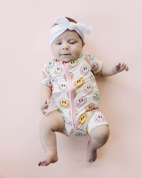 Smiley Bamboo Short Romper | Pink - HoneyBug 