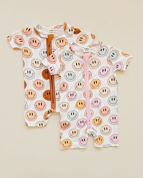 Smiley Bamboo Short Romper | Pink - HoneyBug 