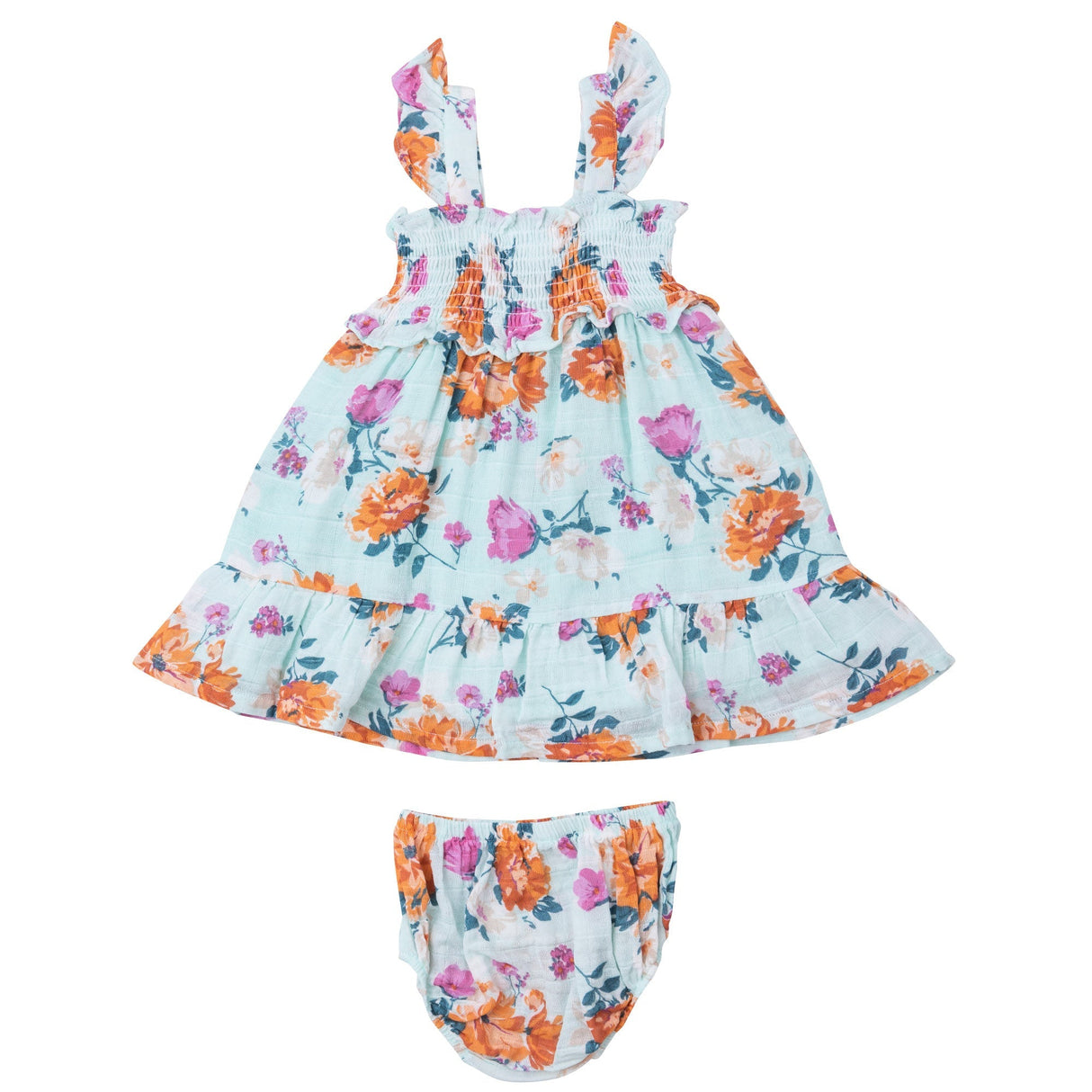 Smocked Ruffle Sundress & Diaper Cover - Soft Petals Floral - HoneyBug 