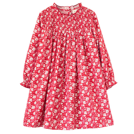 Girls' Smocked Long Sleeves Dress | Red and White Floral - HoneyBug 