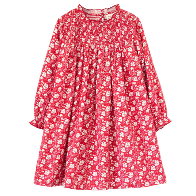 Girls' Smocked Long Sleeves Dress | Red and White Floral - HoneyBug 