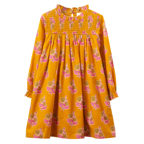 Girls' Smocked Long Sleeve Dress | Mustard and Pink - HoneyBug 
