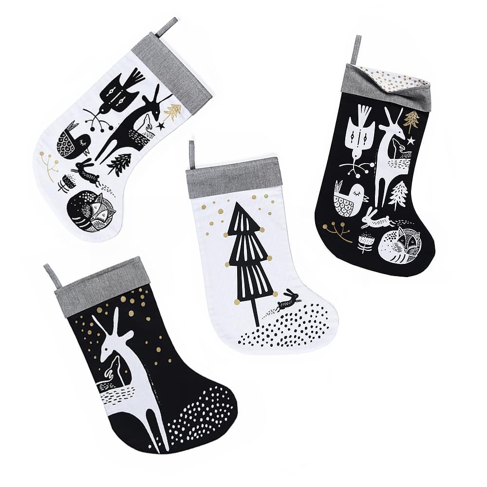 Winter Animals Stocking - Black on White - HoneyBug 