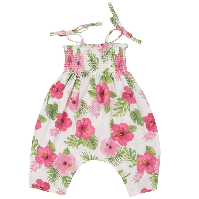 Tie Strap Smocked Romper - Hibiscus - HoneyBug 