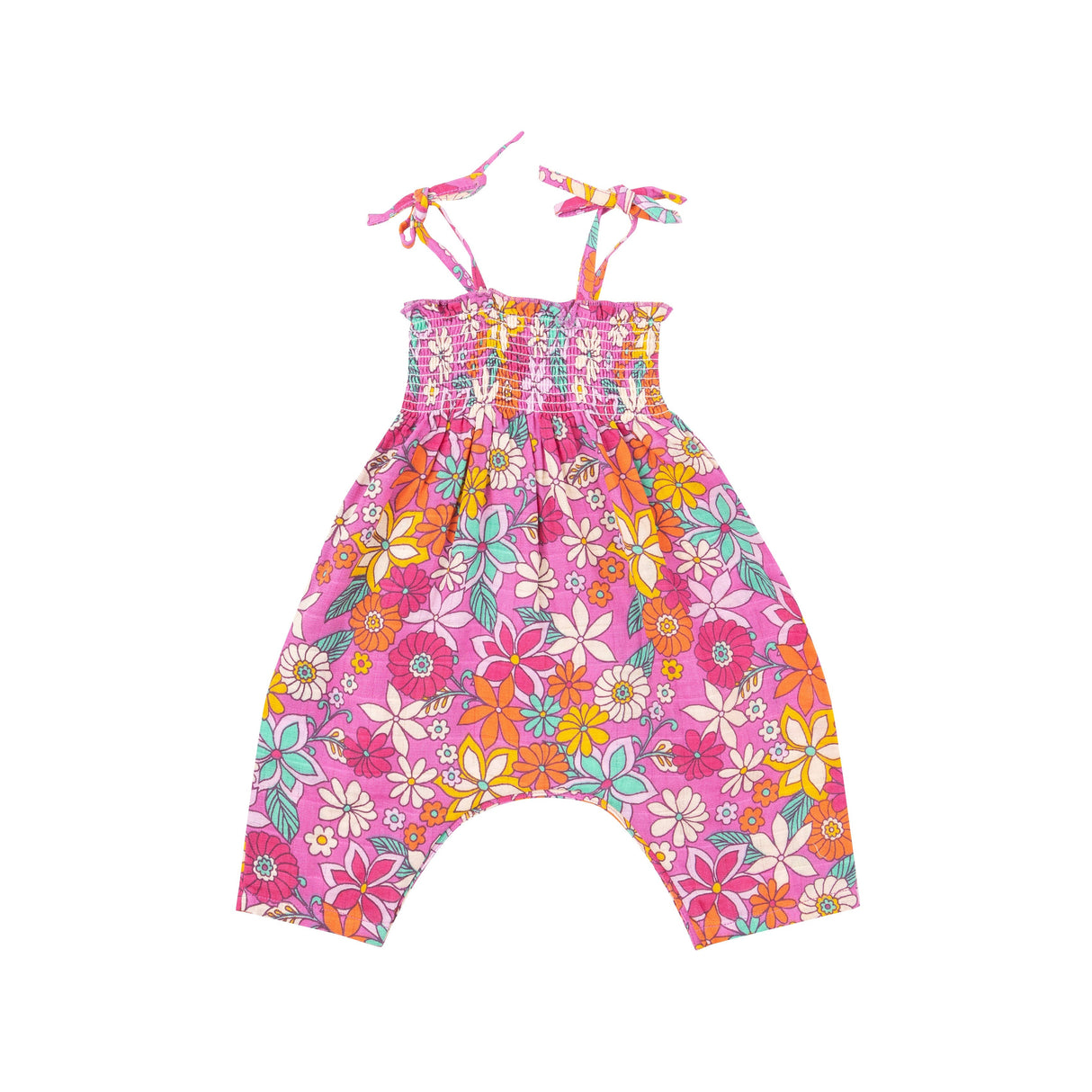 Tie Strap Smocked Romper - Tropical Retro Floral - HoneyBug 