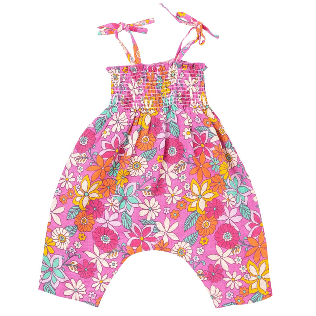 Tie Strap Smocked Romper - Tropical Retro Floral - HoneyBug 