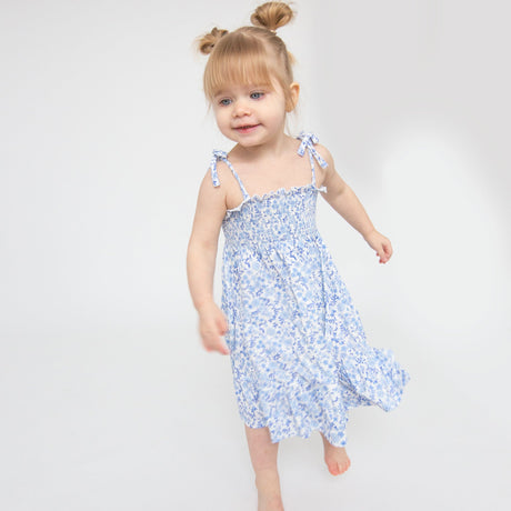 Tie Strap Smocked Sun Dresss Diaper Cover - Blue Calico Floral - HoneyBug 