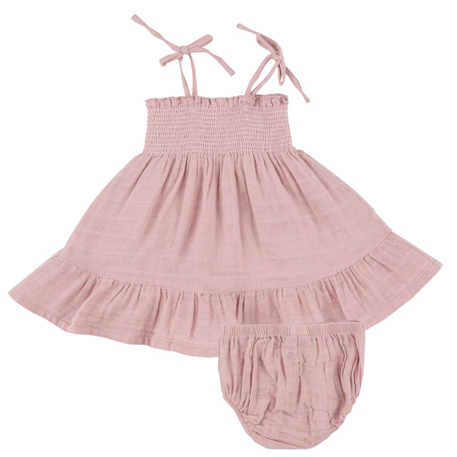 Tie Strap Smocked Sun Dresss Diaper Cover - Dusty Pink Solid Muslin - HoneyBug 