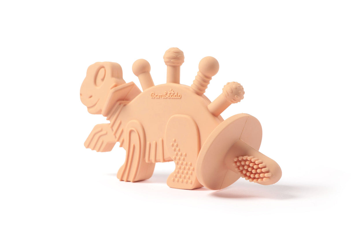 Dibly - Pink - Baltic Amber & Natural Rubber Dinosaur Teether with Toothbrush Tail- - HoneyBug 