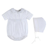 White Collared Button Romper with Bonnet