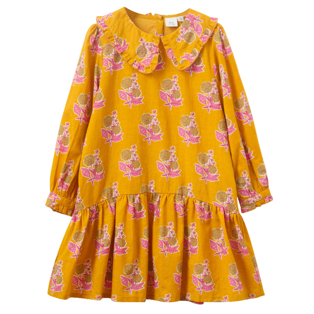 Girls' Wide Collar Long Sleeve Dress with Low Waist | Mustard and Pink - HoneyBug 