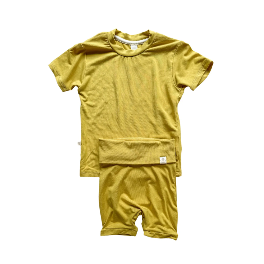 Fold Over Shorties and Short Sleeve Tee Set | Marigold | Luxury Bamboo