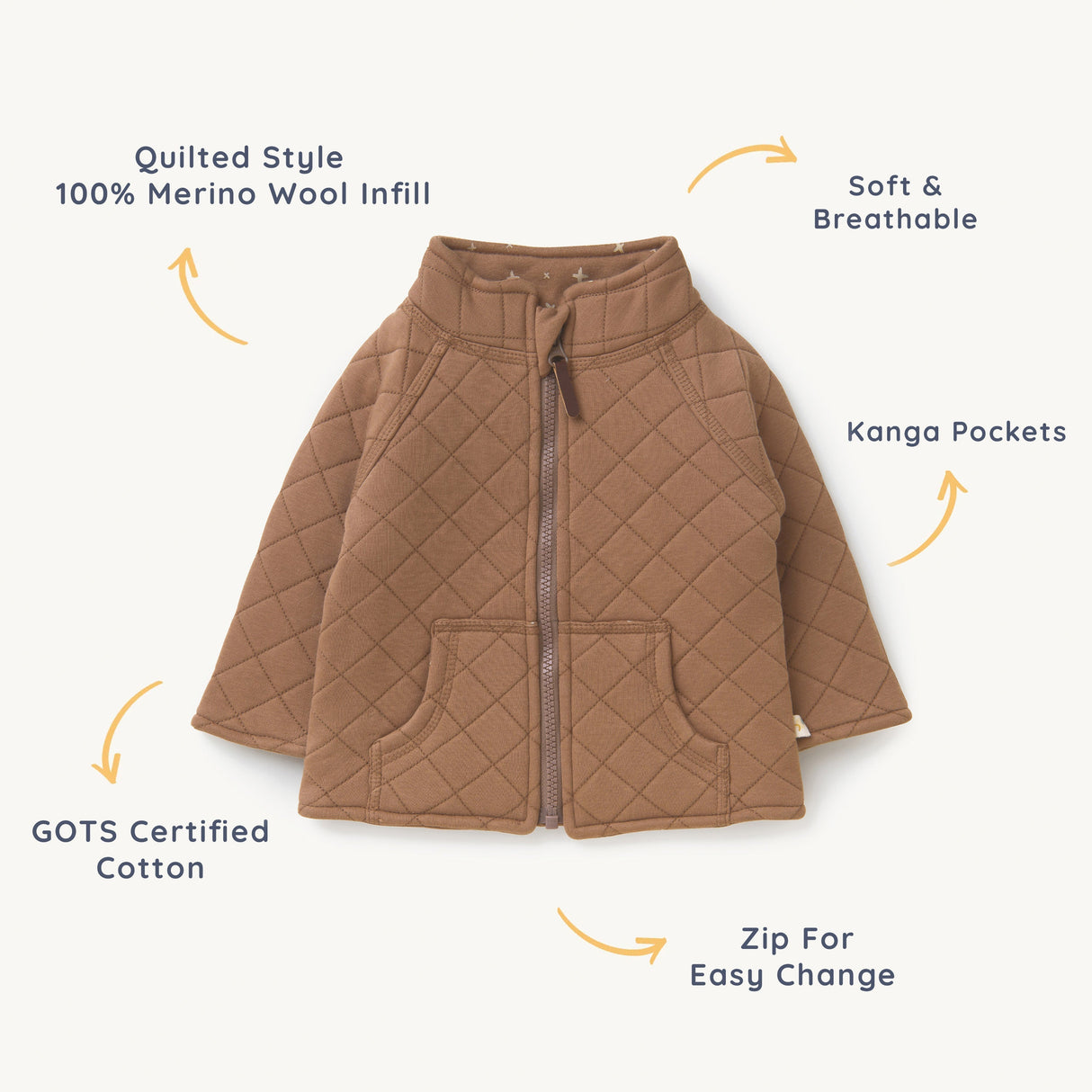 Organic Kids Merino Wool Zip Jacket - Cocoa