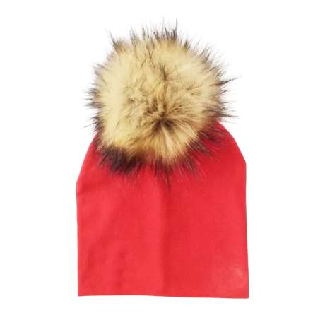 Tiny Trendsetter - Red with Brown Pom Pom Beanie Hat - HoneyBug 