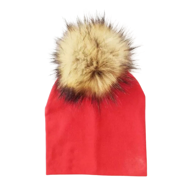 Tiny Trendsetter - Red with Brown Pom Pom Beanie Hat - HoneyBug 