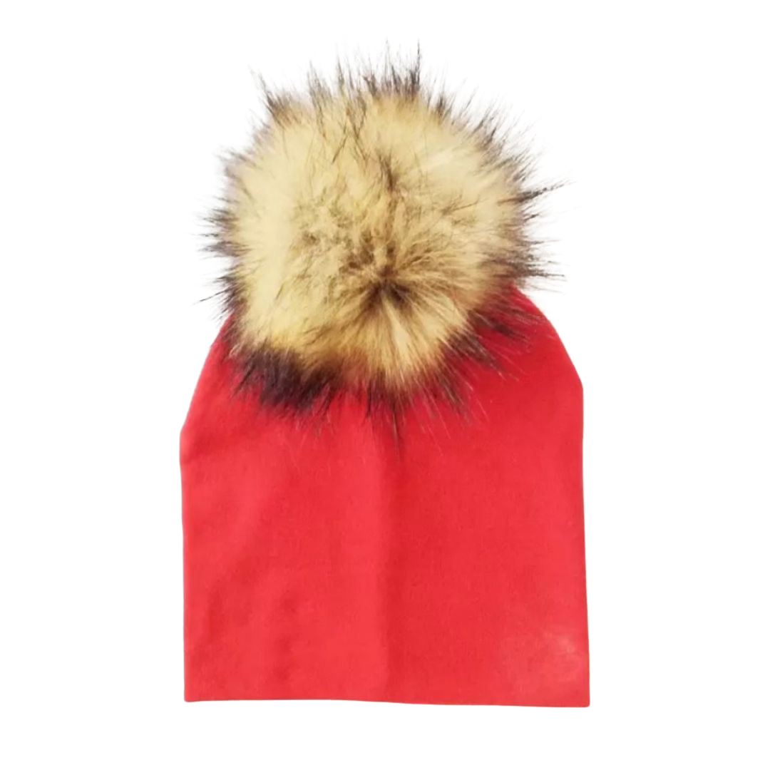 Tiny Trendsetter - Red with Brown Pom Pom Beanie Hat - HoneyBug 