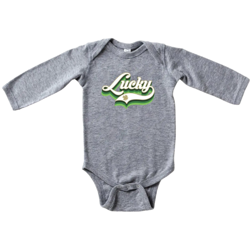 Lucky Script | Long-Sleeve Baby Onesie - Heather Grey - HoneyBug 