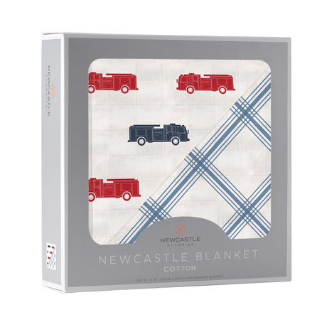 Blue and Red Fire Trucks and Buffalo Check Plaid Cotton Newcastle Blanket - HoneyBug 