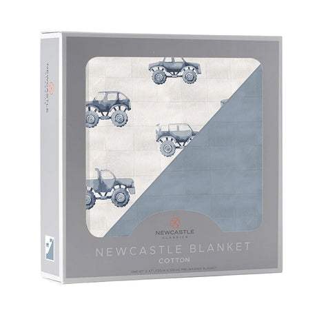 Indigo Monster Trucks and Blue Fog Cotton Newcastle Blanket - HoneyBug 