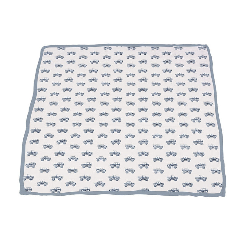 Indigo Monster Trucks and Blue Fog Cotton Newcastle Blanket - HoneyBug 